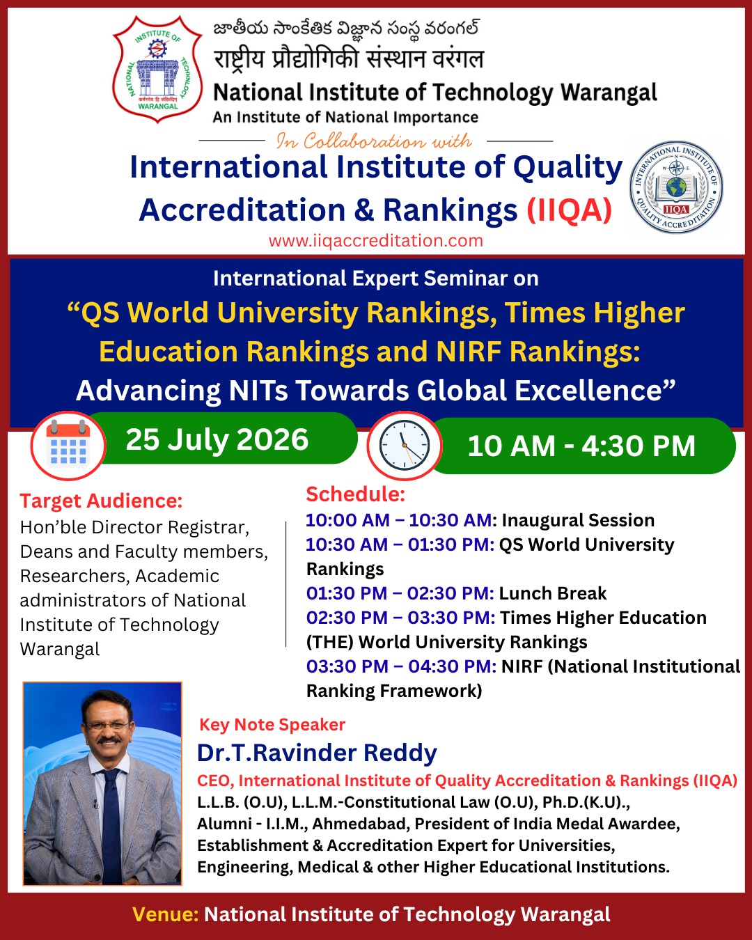 NIT Warangal and IIQA to Host International Expert Seminar on QS World University Rankings, Times Higher Education Rankings & NIRF Rankings: Advancing NITs Towards Global Excellence